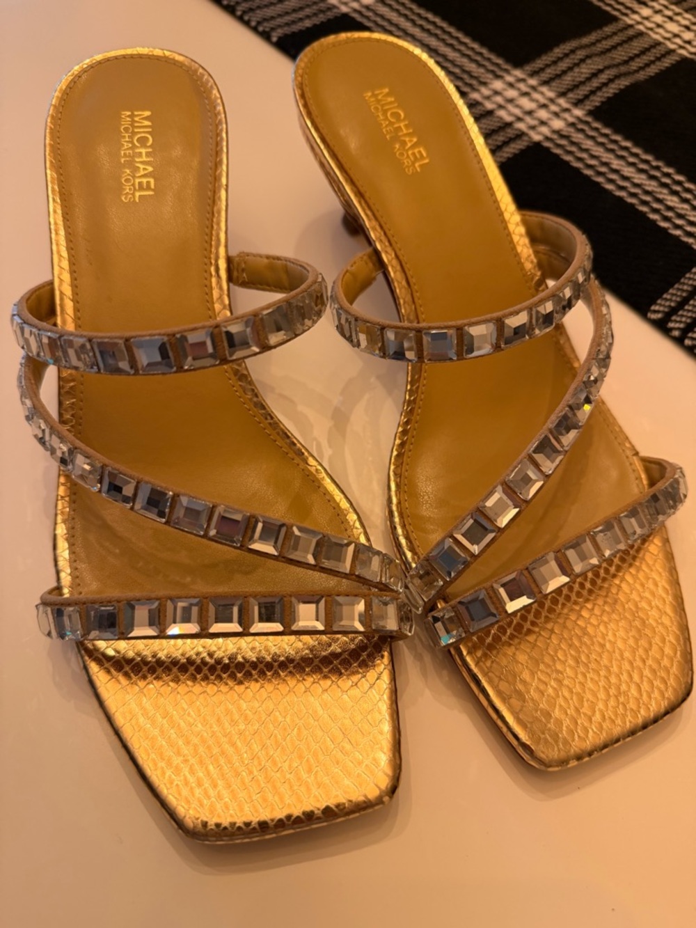 MICHAEL Michael Kors Gold Jeweled Strappy Heeled Sandals